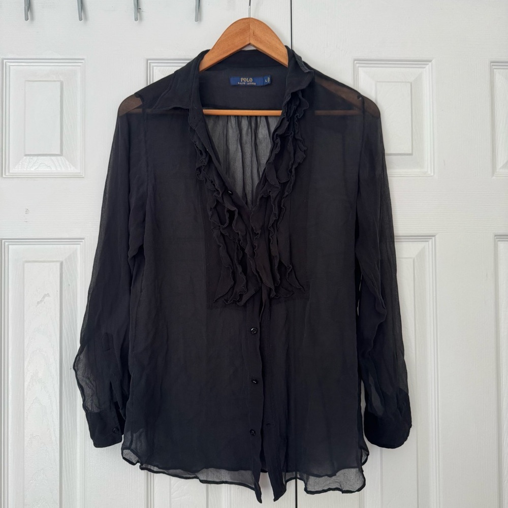Polo by Ralph Lauren Black 100% Silk Sheer Ruffled Blouse